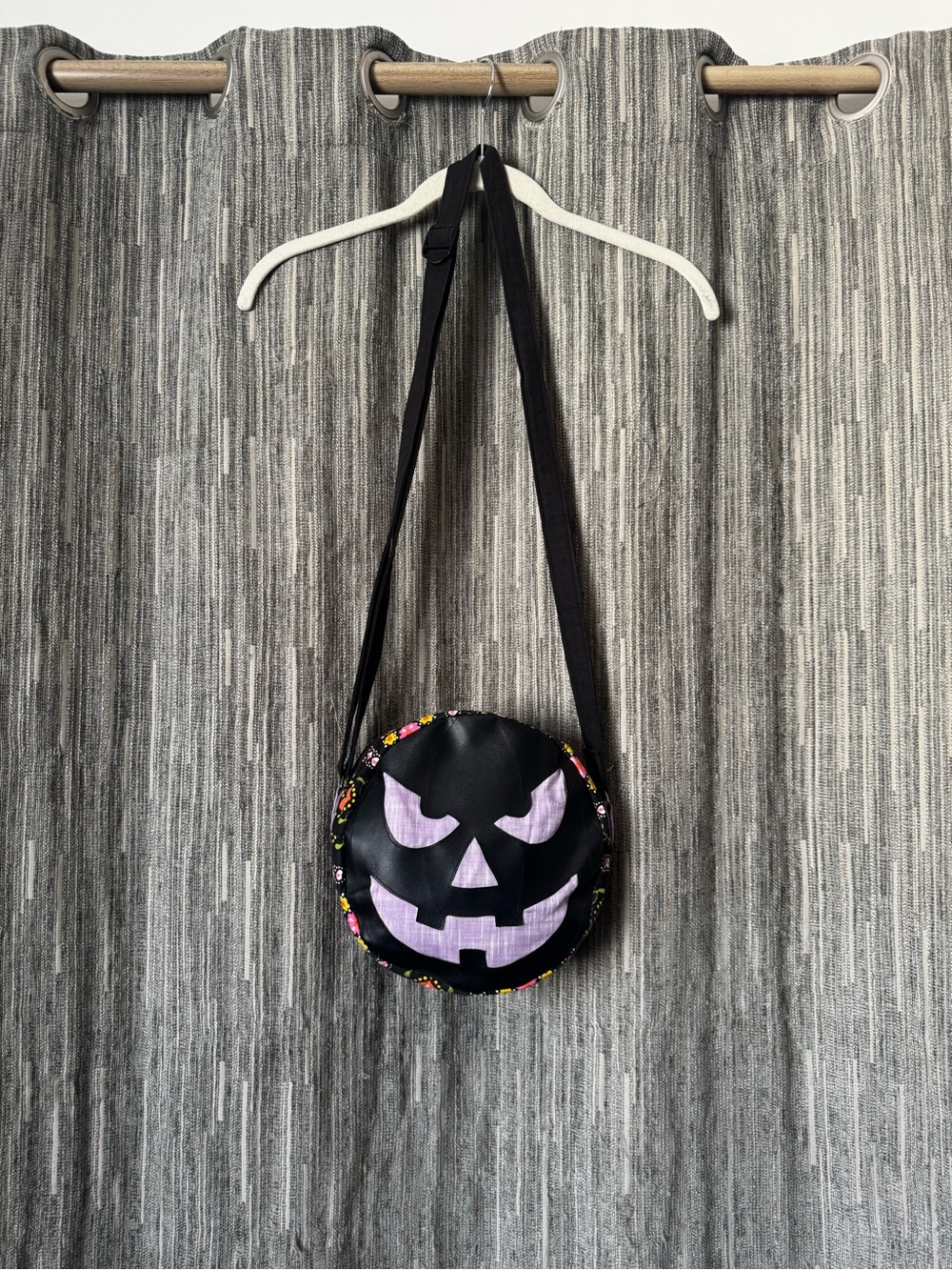Black Halloween Pumpkin Crossbody Bag with Purple Face